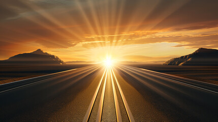 Sunset over an open road with a glowing horizon and mountains in the distance, symbolizing journey and endless possibilities.