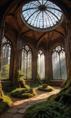 Fototapeta premium Forgotten Cathedral: Sunbeams dance through the stained glass dome of a forgotten cathedral, illuminating the mossy floor and overgrown arches, creating a mystical and atmospheric scene.