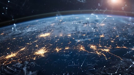 Communication technology with global internet network connected in Europe. Telecommunication and data transfer european connection links. IoT, finance, business, blockchain, security. 