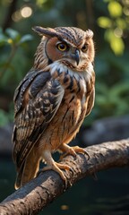 Brown Owl Perched on Branch.