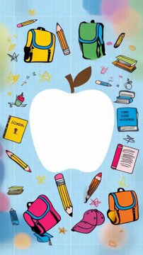 Back to school copy space blank apple in the middle and various colorful school supplies like backpacks, books, pencils against blue grid paper background. Welcome back to schoo