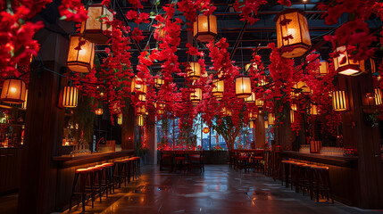 A festive party scene with vibrant red vines draped from ceiling fixtures, adding a pop of color to the lively atmosphere