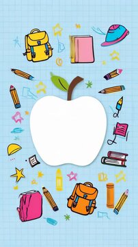 Back to school copy space blank apple in the middle and various colorful school supplies like backpacks, books, pencils against blue grid paper background. Welcome back to schoo