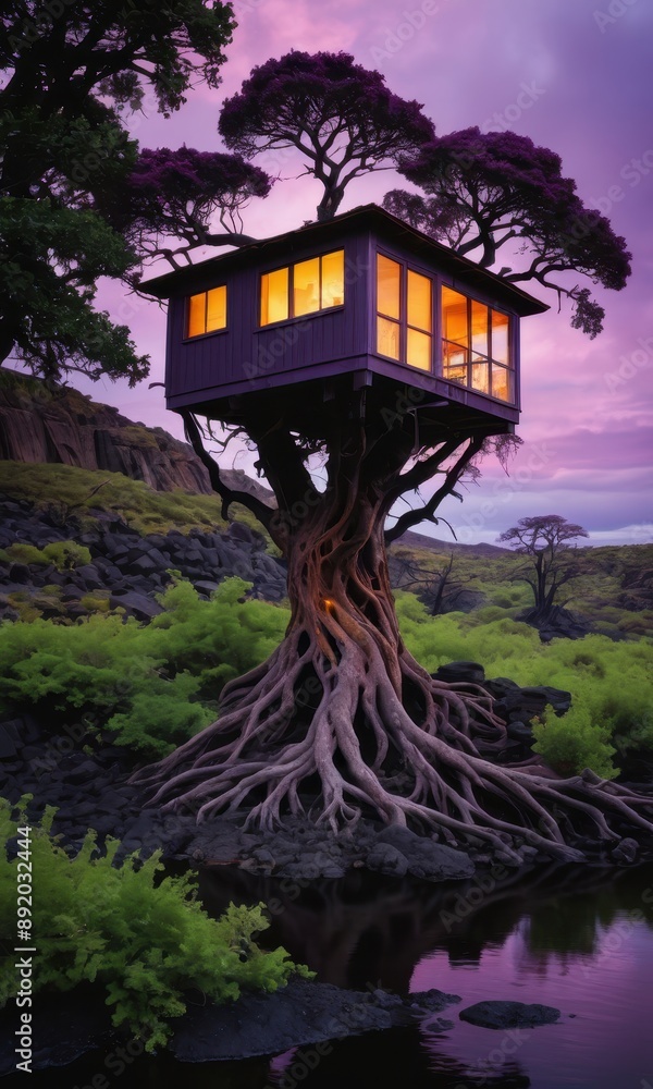 Poster treehouse with sunset reflection.