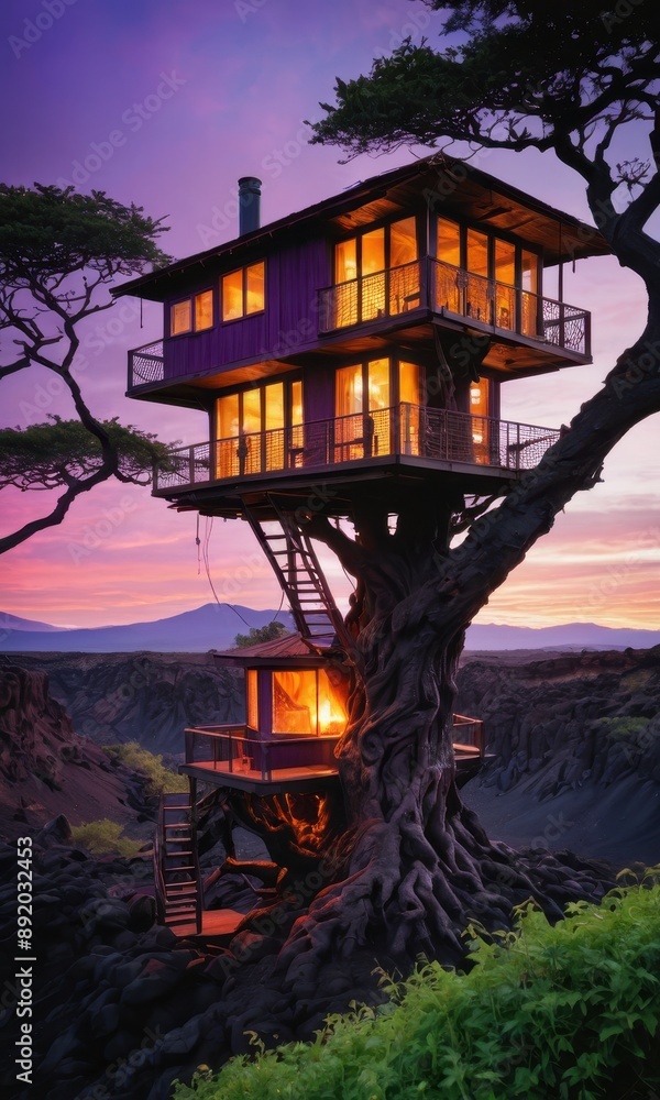 Wall mural Treehouse at Sunset.