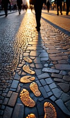 Golden Footprints on a Cobblestone Street.