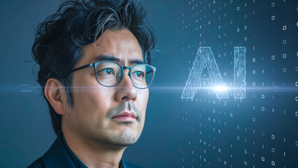 Futuristic scene with a male professional, digital interface elements blending into the background