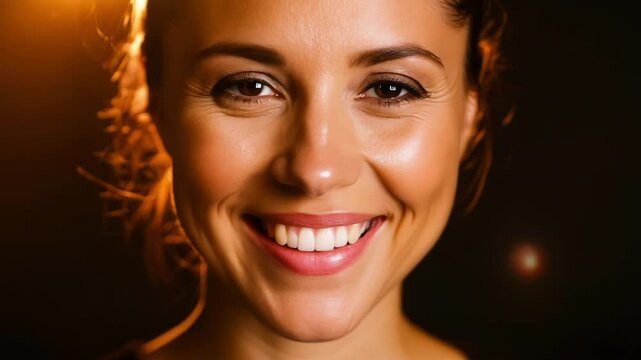Closeup of a womans face breaking into a radiant smile her eyes reflecting a newfound sense of purpose and drive after listening to an inspiring speech.