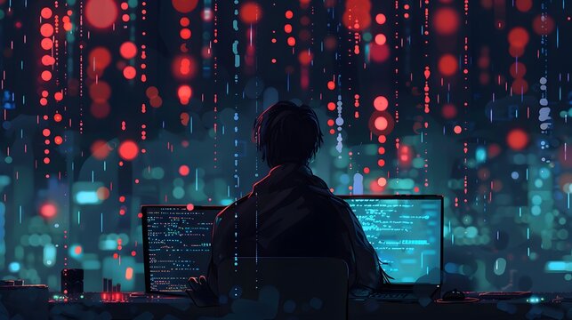 Internet network security concept with young man in the night.