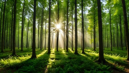 Obraz premium Sunbeams shining through the trees in a lush green forest.