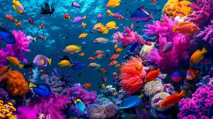 Vibrant underwater coral reef teeming with colorful fish and diverse marine life, top view, capturing the beauty of the oceans ecosystem, advanced tone, Analogous Color Scheme