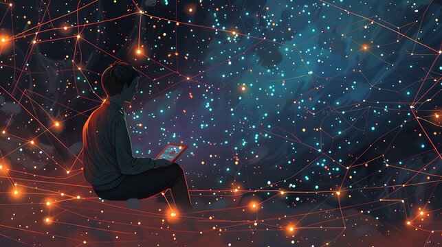 Internet network security concept with young man in the night.