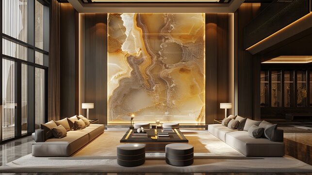 Contemporary modern living room with backlit onyx walls