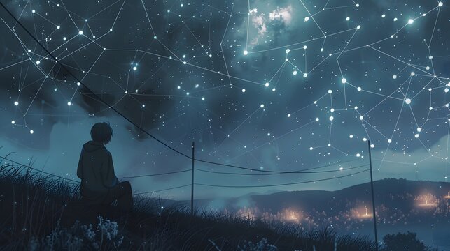 Internet network security concept with young man in the night.