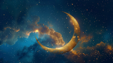 Obraz premium Golden crescent moon shining in a starry night sky with clouds
