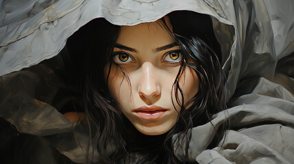Contemporary Oil Painting Of Beautiful Women Portrait Face With White Scarf