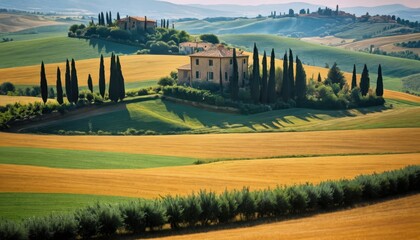 Tuscan Countryside Landscape with Rolling Hills and Farmhouses.