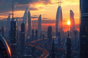 Naklejka premium Futuristic City Skyline at Sunset