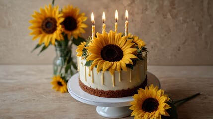 birthday cake with 60 candles decorated with yellow sunflower flowers.