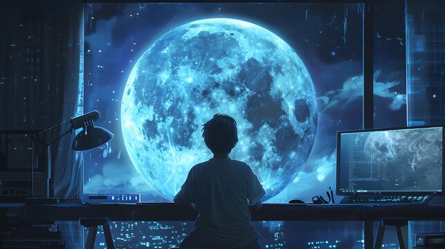 Internet network security concept with young man in the night.
