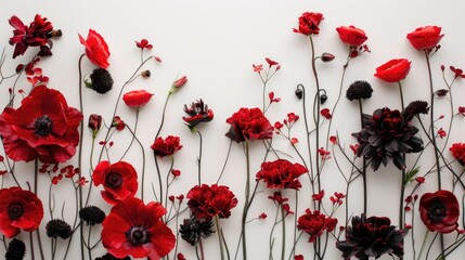 Red and black flowers arranged on a white backdrop