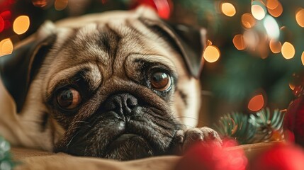 Beloved pug near Christmas tree with festive decorations close up