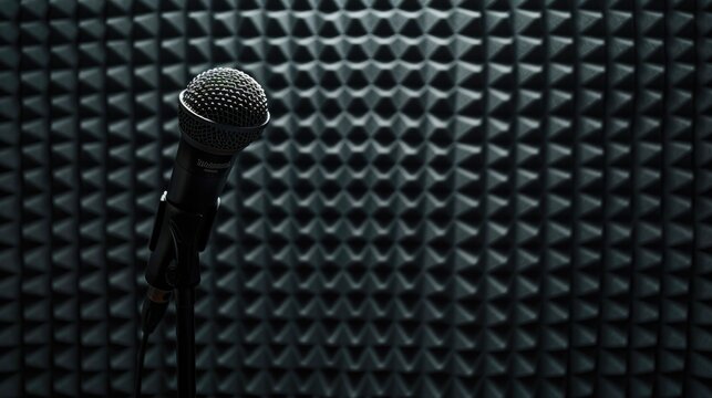 Professional microphone on black soundproof panel background in recording studio with space for text