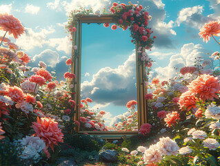 a dreamy and magical scene with a cloudy sky, a pathway made of flowers, and a large picture frame surrounded by flowers
