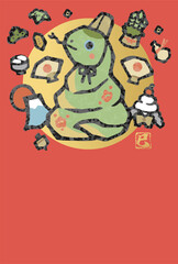 年賀状2025　巳年　巳　へび　版画　手描き　和風　年賀はがき　イラスト素材