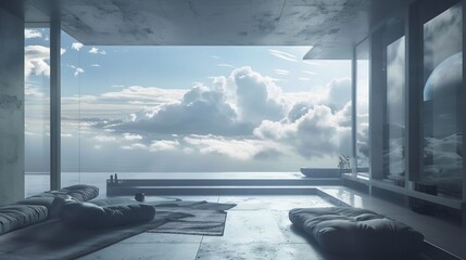 Fototapeta premium Home interior with clouds in the background, Large window with view of the sky and clouds
