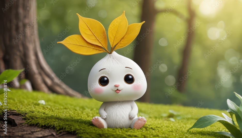 Sticker Cute Cartoon Bunny with Yellow Leaves on its Head in a Forest Setting.