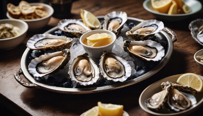 Oysters on Ice with Lemon Wedges.
