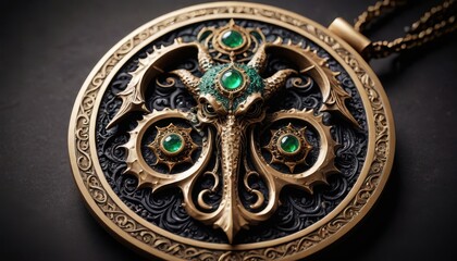 Ornate Pendant with Green Gemstones.