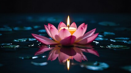 front view of a pink lotus candle floating in liquid s background