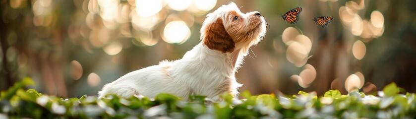Adorable dog in a meadow looking at butterflies with sunlight filtering through trees. Peaceful and heartwarming outdoor scene.