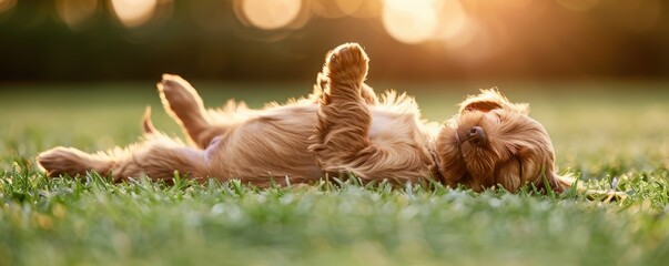 Adorable brown puppy lying on grass during a sunny day, enjoying a playful moment with a beautiful bokeh background.