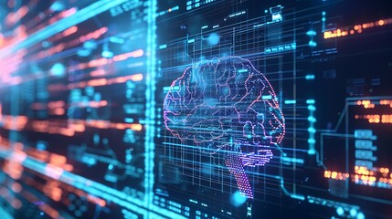 A conceptual representation of machine learning, with lines of code scrolling rapidly on a computer screen, overlaid with visualizations of data processing and model training, 