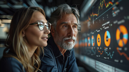 Fototapeta premium A businessman and businesswoman in a modern conference room, discussing marketing strategies with charts and graphs displayed on a screen.