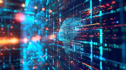 A conceptual representation of machine learning, with lines of code scrolling rapidly on a computer screen, overlaid with visualizations of data processing and model training, 