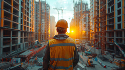 A busy urban construction site with a civil engineer checking plans, surrounded by high-rise buildings and cranes lifting materials. The scene is vibrant and active.