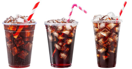 Fizzy refreshments in clear cups, filled with ice cubes and vibrant straws, chilled drinks ready to quench thirst on a warm day, inviting and refreshing allure. isolated on white background