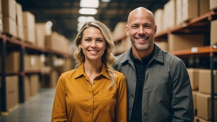 Portrait of man and woman stand together in warehouse with boxes behind