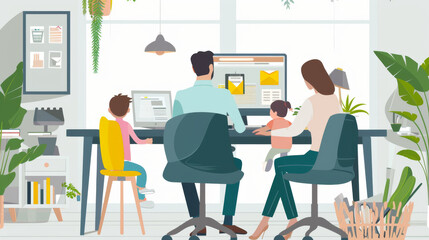 Fototapeta premium A family of four is sitting at a desk with a computer monitor in front of them