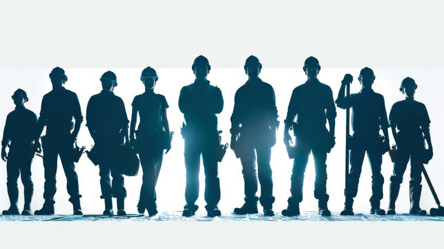 A group of men and women in construction gear stand in a line