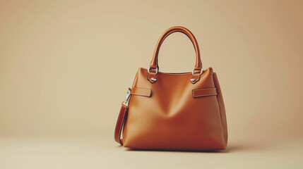 Beautiful brown leather female fashion handbags isolated on light beige background, front view 