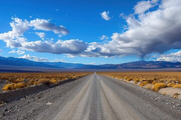 Fototapeta premium 18. A long, straight road stretching into the horizon through a vast, empty desert with dramatic clouds above