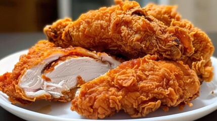 Fried chicken breast cut open to show juicy interior close up, mouthwatering, vibrant, manipulation, clean white plate