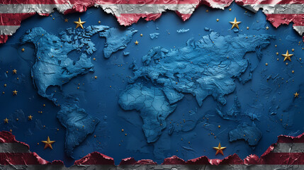 USA american flag in the shape of a map of America in 3D blue textured plaster paint background for President's Day, 4th July, Veterans Day, Memorial independence day presidents day, labor day concept