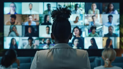 Global team video conference, screens showing diverse faces,