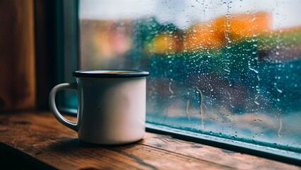 A cup of coffee or tea is served near a window glass and raining outside during monsoon season